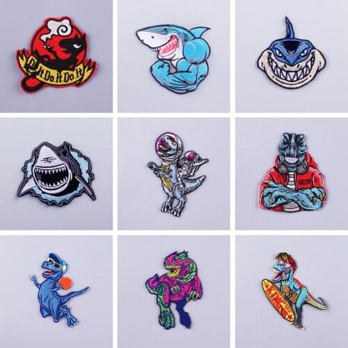 Diy Dinosaur/Shark Patches Pack Sewing Badge Embroidered Patch For Clothing Punk Skull Patch Iron On Patches On Clothes Applique