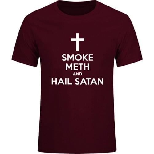 New Fashion Letter Printed Smoke Meth And Hail Satan Cross Funny T Shirt Cotton Short Sleeve T-shirt Top Tees