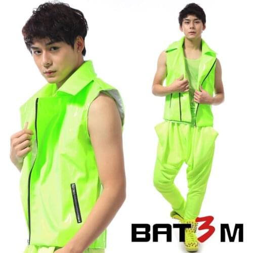 Oblique zipper personality slim male neon green motorcycle vest men sleeveless shorts 1 punk rock costumes singer dance stage