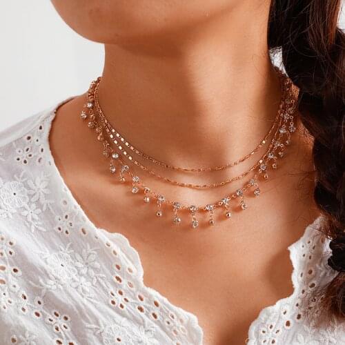 Charming Gold Water Drop Tassel Pendant Necklace Multilayer Rhinestone Women Choker Jewellery Fashion Lady Party Accessories