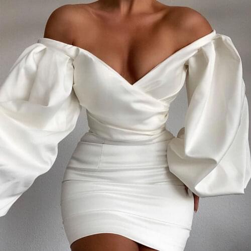 Gtpdpllt Sexy White Woman Dress V-Neck Bandage Christmas Dresses For Women Long Puff Sleeve Mini Skinny Party Vestidos Robe