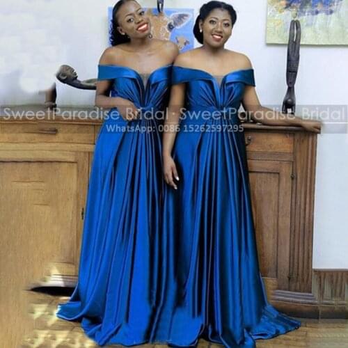2021 A Line Royal Blue Satin Bridesmaid Dresses With Bow Off Shoulder Women Wedding Party Dress Vestido De Fiesta De Boda