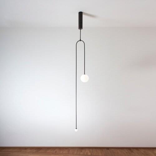 Nordic Minimalism Wrought Iron Pole Erected Pendant Light with Frosted Glass Ball LED Light for Bedroom Living Room