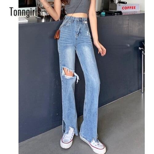 Tonngirls Plus Size Ripped Wide Leg Jeans For Women Streetwear Demin Jeans Woman High Waist Split Loose Pants Feminino 2021