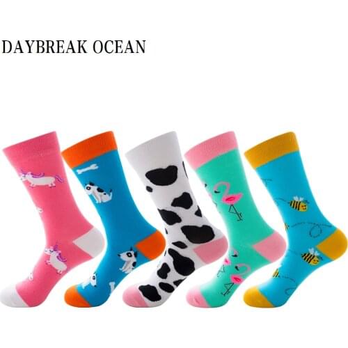 Unisex 5 Pairs Combed Cotton Mens Socks Funny Horse Dog Cow Flamingo Bee Socks Fashion Colorful Autumn Winter Happy Crew Socks