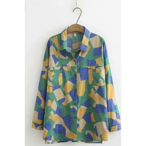Plus Size Womens Blouse New Tropical Geometric Printed Shirts Collared Long Sleeved Loose Tops