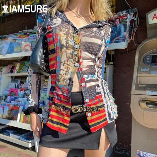 IAMSURE Printed Mesh Top See Through Sexy Streetwear Long Sleeve Turn-Down Collar Casual Shirt Women 2021 Fashion England Style