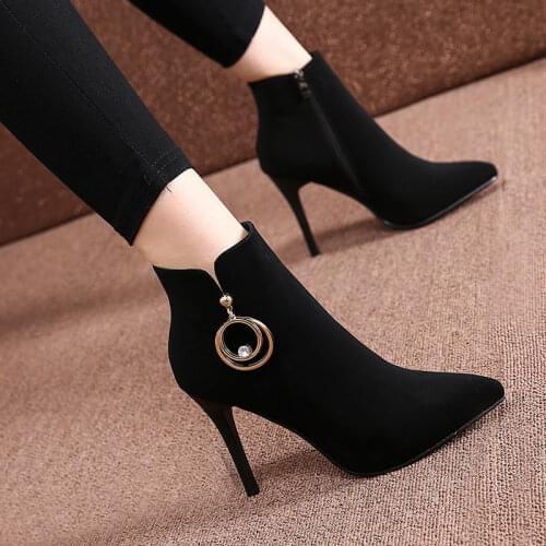 Autumn Winter New High Heels Shoes Temperament Suede Pointed Toe Stiletto High Heels Short Boot Fashion Female Ankle Boots Pumps
