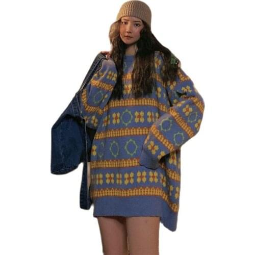 Retro Striped Women Sweater Pullover Tops Autumn Winter Thick Loose Long-Sleeved Round Neck Harajuku Street Style Junper ST066