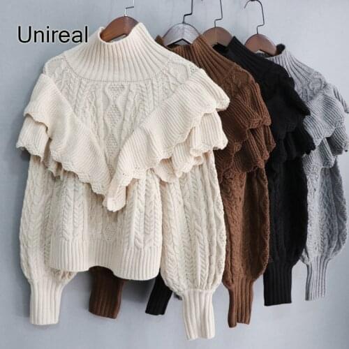 Unireal 2021 Autumn Winter Streetwear Ruffle Sweater Knitted Pullover Loose Warm Thick Women Turtleneck Sweater Jumpers