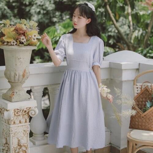 French Retro Temperament Thin Beaded Square Collar Dress Purple Gentle Robe Femme Summer Vestidos