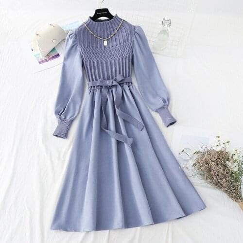 2021 Autumn Elegant Women Dress Fashion Korean Half Turtleneck Puff Sleeve Splice Knitted Dresses Vintage Ladies Vestido H1052