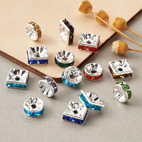 100pcs Silver Color Plated Crystal Rhinestone Spacer Beads Square Rondelle Loose Beads for Jewelry Making DIY Bracelet Supplies
