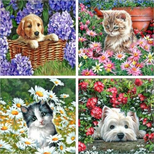Huacan 5d Diy Diamond Painting Garden Dog Cat Mosaic Embroidery Flower Cross Stitch Home Decor Diamond Art
