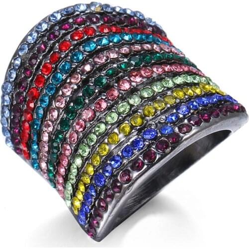 Bettyue Exaggerated Design Rainbow Color Crystal Arrangement Cool Ring For Female Fashion Jewellry Attend Party Leader' Choice
