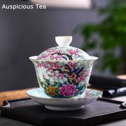 Art Bird Gaiwan Ceramic Porcelain Flower Big Tea Bowl With Saucer Lid Kit Master Tea Tureen Drinkware Gift Home Decor Crafts New