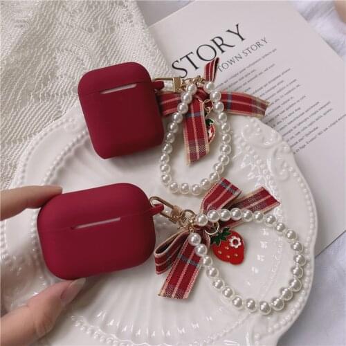 For AirPods 1 2 Pro Case Wine Red Bow Pearl Soft Cute Bluetooth Earphone Charging Box Cover for AirPod 2 3 with KeyChain