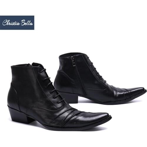 Christia Bella Solid Men Shoes Genuine Leather Boots New Fashion Simplicity Pointed Toe Boots Big Size Zipper Short Boots