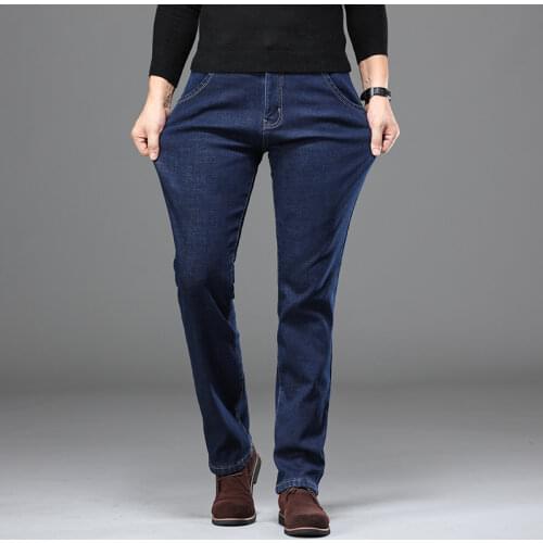 Winter Mens Warm Jeans Classic Style Thicken Denim Elastic Straight Fit Black Jean Pants Male Brand Casual Business Trousers