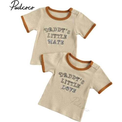 Infant Baby Girls Boys Children Letters Embroidery Pattern Ribbed T-shirt, Unisex Khaki Round Collar Short Sleeve Tops 6M-4T