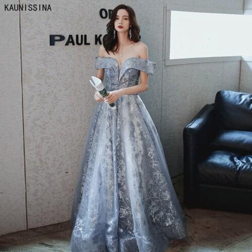 KAUNISSINA Formal Dress Women Elegant Long Evening Dresses Off the Shoulder Appliques Sequin Tulle Party Wear Prom Gows Vestidos
