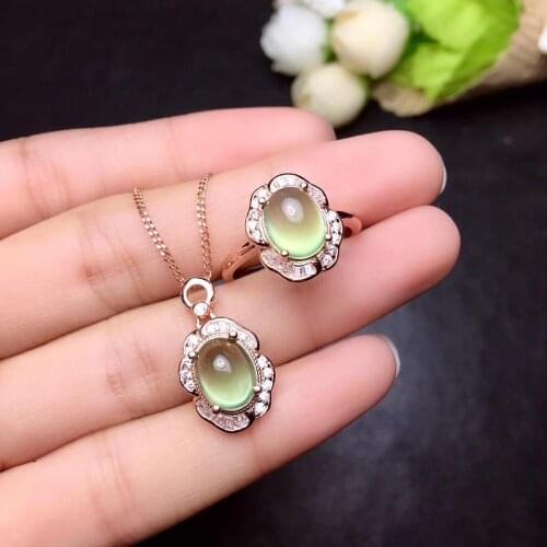 The Best engagement Gift Prehnite jewelry set Natural Real Prehnite 925 sterling silver 1 Prehnite pendant, 1 Prehnite ring