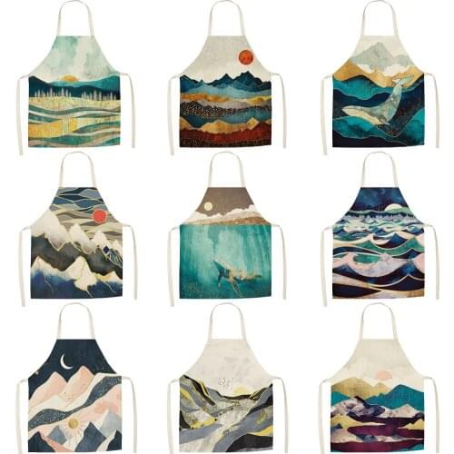 Landscape Oil Painting Style Sleeveless Apron Party Cooking Apron Cotton And Linen Fashion Apron
