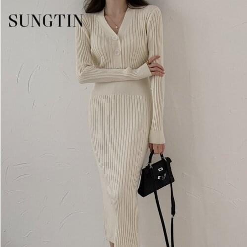 Sungtin Elegant Autumn OL Sweater Dress Women Winter V Neck Button Bodycon Slim Office Lady Knitted Dress Sexy Vestidos De Mujer