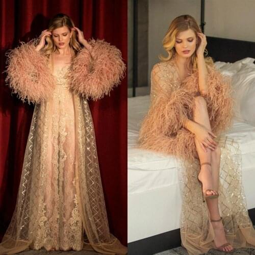 Gorgeous Illusion Night Robe 2020 Long Sleeve Feathers Party Sleepwear Custom Made Luxury Nightgowns Robes with Belt