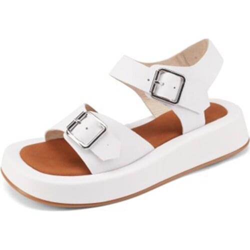 New summer women platform sandals genuine leather round toe fashion button decoration sandals for ladies outdoor