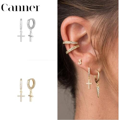 925 Sterling Silver Geometric Cross Zircon Hoop Earrings for Women Gold Silver color CZ Zircon Lighting Earrings Fashion Jewelry