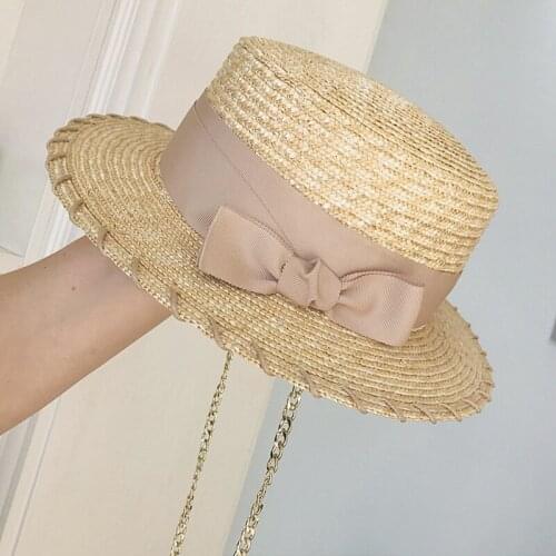 2021 New Fashion Summer Golden Chain Wide Brim Straw Hat For Women Flat Boater Cap Bowknot Band Lady Sun Protection Beach Hats