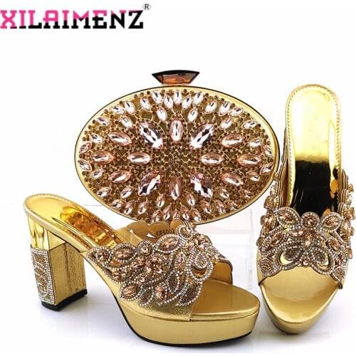 Golden Color Special Design Comfortable Nigerian Women Shoes Matching Bag High Quality Slingbacks Slipper with Platform