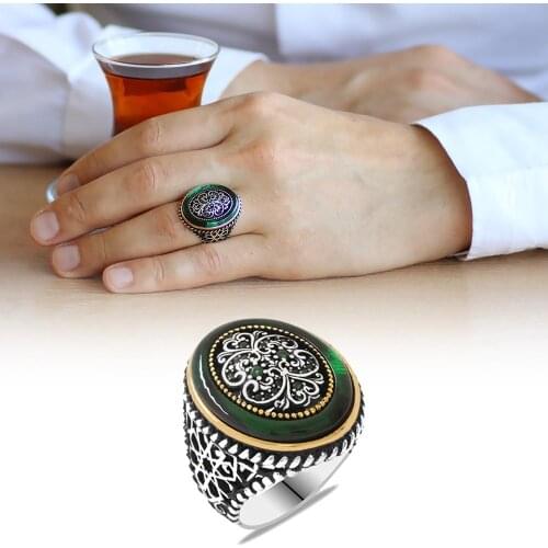 Tesbihane Outer Ring Green Fire Amber Interior Decor Zircon Stone Decorated 925 Sterling Silver Men 'S Ring