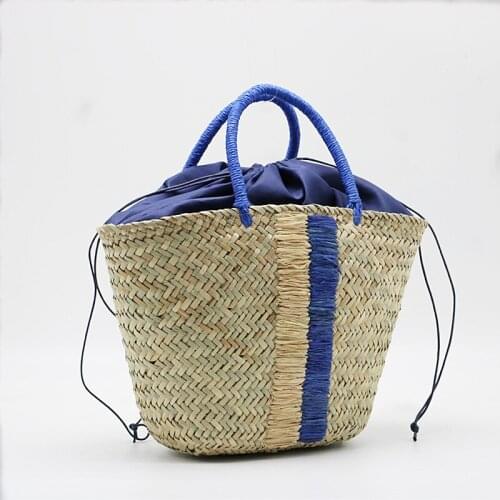Waterweed portable straw woven bag blue black woven bag