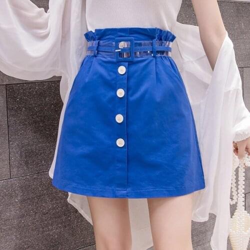 2019 Summer New Arrival Women Ladies Red Blue White Elastic Ruffles High Waisted Skirt , Female Woman Buttons Fly A Line Skirts