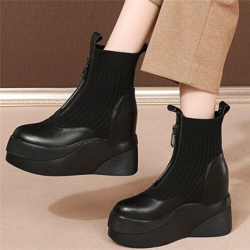 Punk Goth Trainers Women Genuine Leather Wedges High Heel Riding Boots Female Knitting Round Toe Fashion Sneakers Casual Shoes