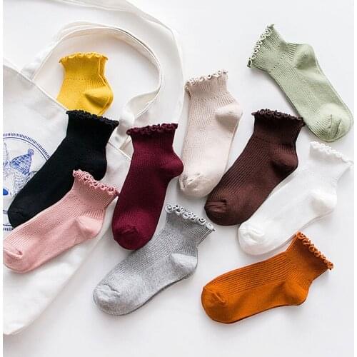 Women Kawaii Cute Frilly Ruffle Socks Cotton Japanese Fashion Purple Woman Crew Socks Female Casual Cotton Socks Short Soxs New