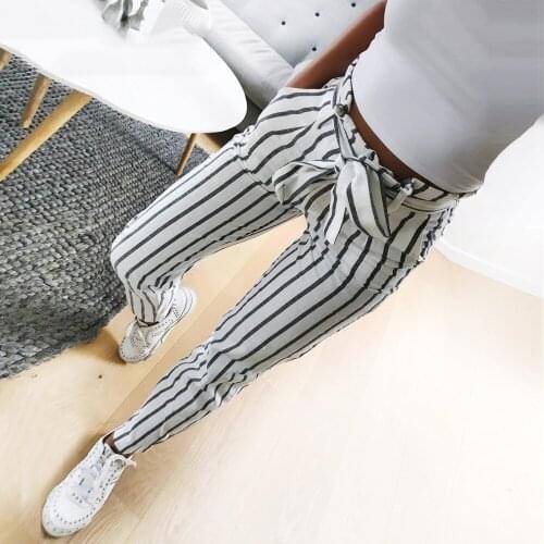 Women Pants Autumn Bow Tie White Striped Leisure Pencil Pants Hot Fashion Sweet Striped Ankle Length Pants Belt