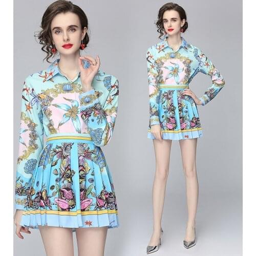 2021 Spring/Summer New Womens Casual Printed Shirt + Pleated Half Skirt Fashion Ladies Suit