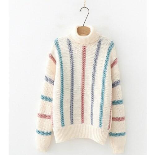 Turtleneck Pullover Women Autumn Winter Korean Loose Stripe Knitted Bottom Sweater Student Long Sleeve Casual College Tops H9457