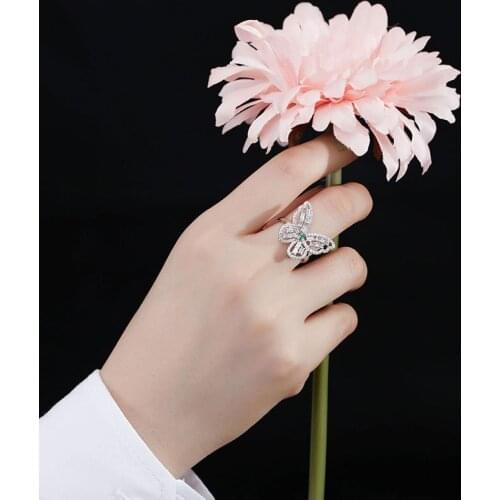 925 Sterling Fine Platinum Gold Color Adjustable Butterfly Ring Party Women Wedding Bands White Green Zircon Silver New Trendy