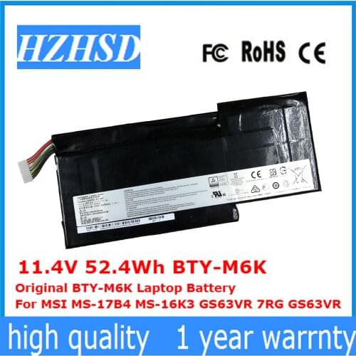 11.4V 52.4Wh/4600mah BTY-M6K Original BTY-M6K Laptop Battery For MSI MS-17B4 MS-16K3 GS63VR 7RG GS63VR