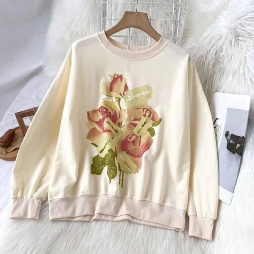 Apricot Round Neck Printed Sportswomans Spring 2021 New Korean Loose And Versatile Casual Top