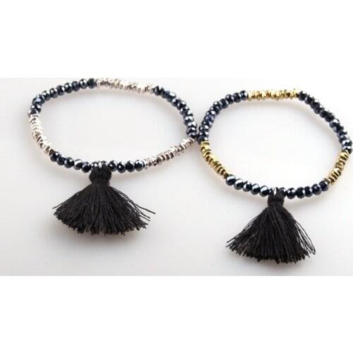 Free shipping new arrival Ladies 4mm hematite glass and alloy flat square beads with black tassel bracelet