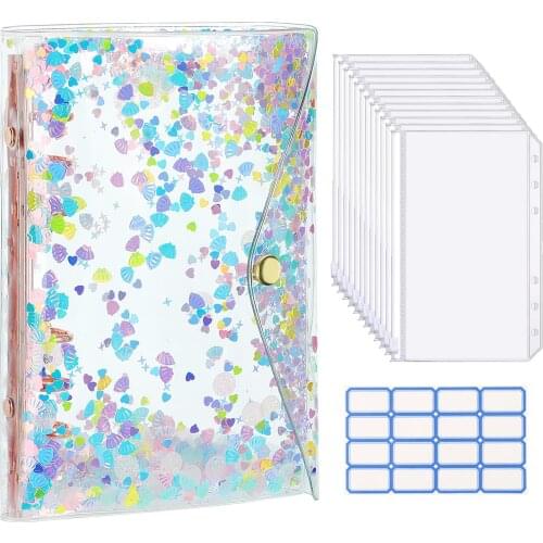 Budget Binder with Zipper Envelopes,Sparkling Pearlescent Quicksand Shells A6 Ring Binder Cover, Clear PVC Looseleaf Folder