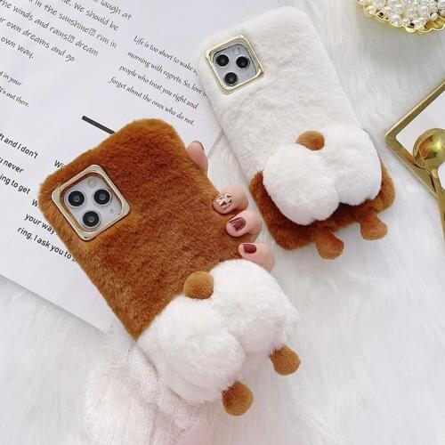 Case For iPhone 12 Mini 11 Pro Max SE 2020 X 10 7 8 Plus XR XS Max Winter Warm 3D Corgi Ass Rabbit Hair Furry Fluffy Phone Case