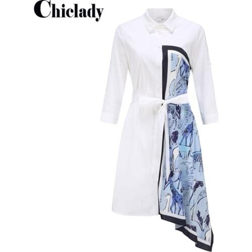 CHICLADU white dress shirt patchwork printed single breasted full sleeve spring summer dresses for women asymmetric loose robe