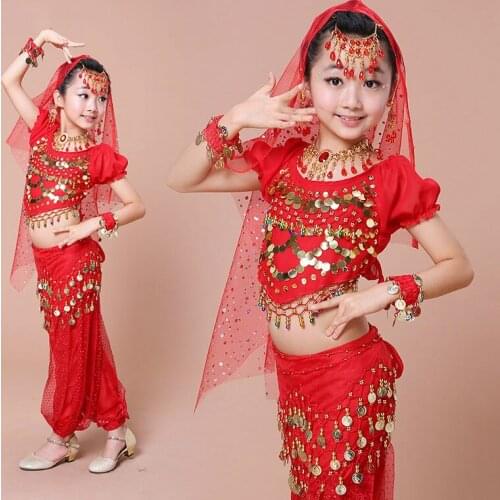 Kids Belly Dance Practice Costume Children Bellydance Professional Set Girl Indian Dancing Performance Short Sleeves Suit H4579
