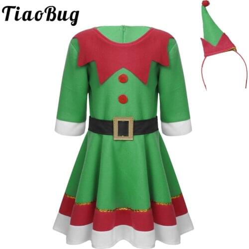 Girls Elves Costume Kids Christmas Dress New Year Festival Santa Clause Fancy Dress Up Party Dresses with Hat Hair Hoop